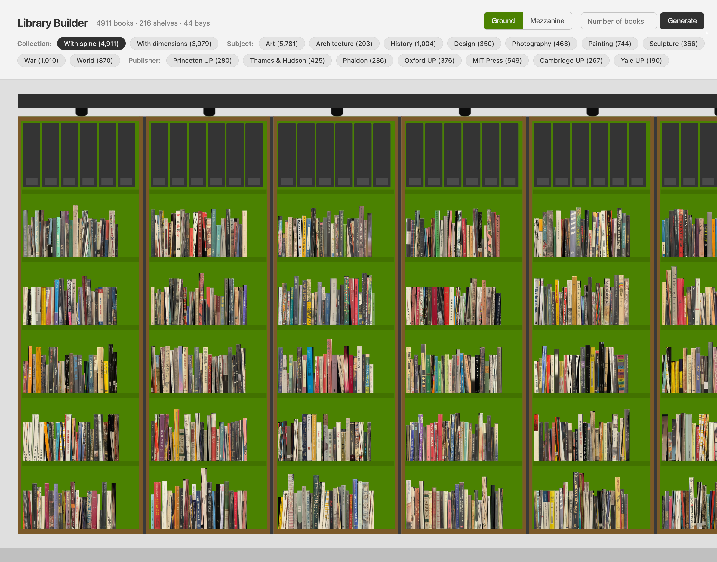 Library Builder - ground floor bays populated with spine images