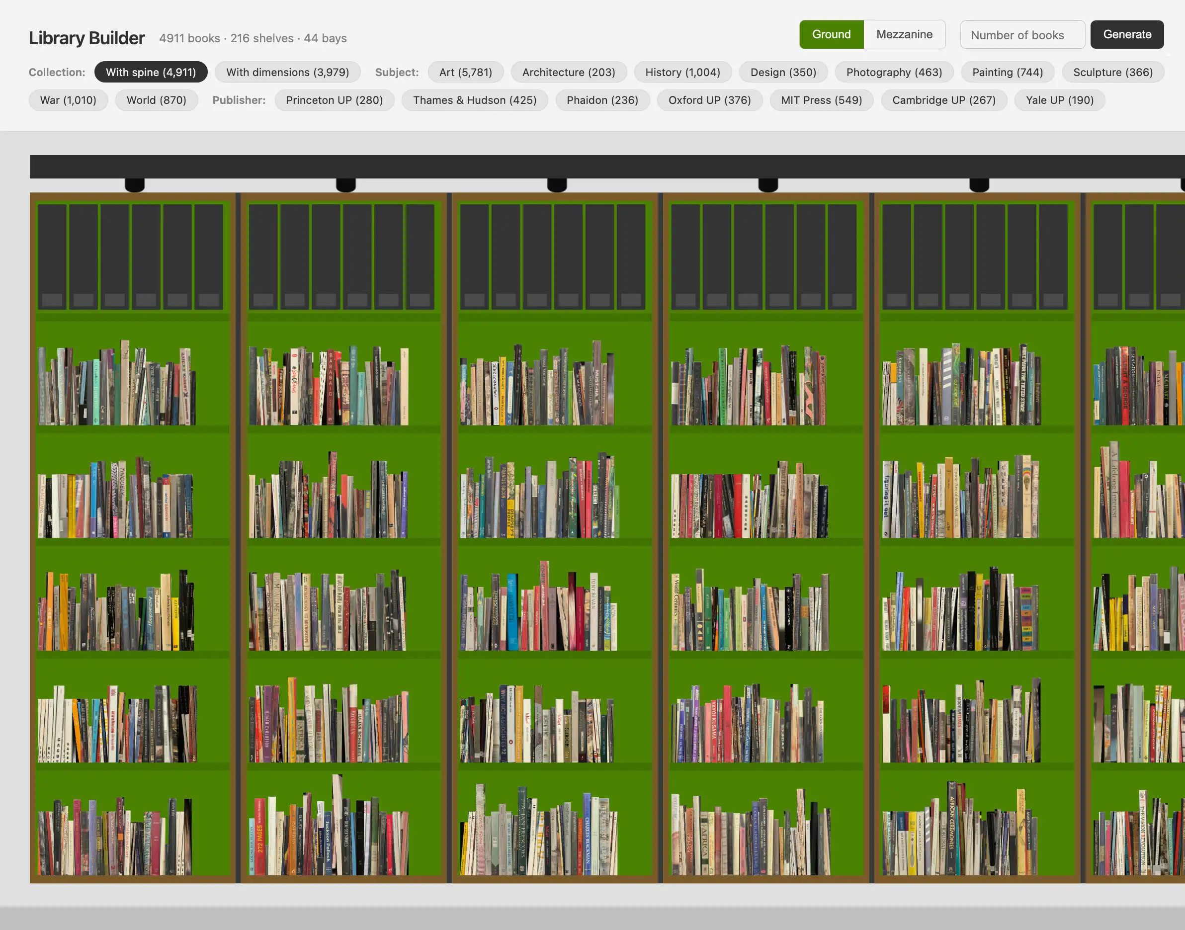 Library Builder - ground floor bays populated with spine images