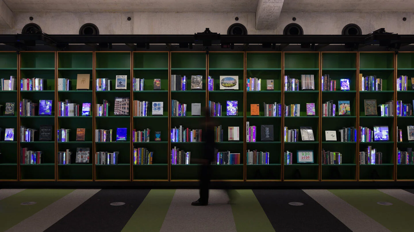 The Live Bays running the length of the library wall
