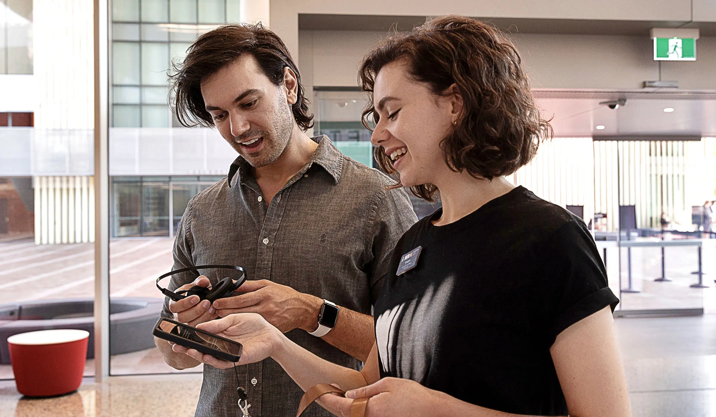 Visitor wearing a headset in a gallery at WA Museum Boola Bardip